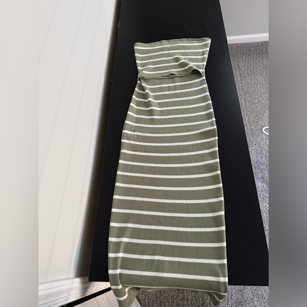 Striped Strapless Dress - Green and White
